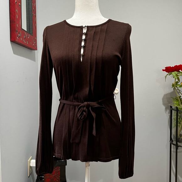 NEW Dana Buchman Silk Pleated Button Belted Tie Waist Bell Sleeve Sweater P NWOT - Picture 14 of 15